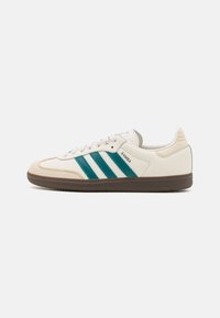 Vit sneaker med turkosa ränder, texturerad läderovandel, gummisula och förstärkt tå. Har en klassisk design med präglad logotyp.
