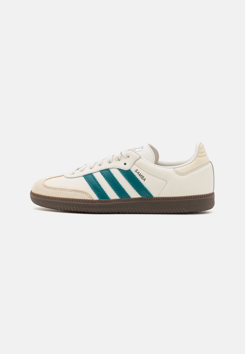Vit sneaker med turkosa ränder, texturerad läderovandel, gummisula och förstärkt tå. Har en klassisk design med präglad logotyp.