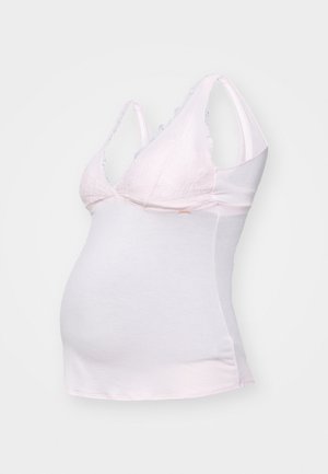 Top de maternitate roz, cu dantelă pe bust, fabrică moale, croială ajustată, bretele reglabile și o siluetă netedă, rotunjită.