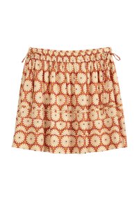 Roter und beiger gemusterter Rock mit elastischem Bund, der mit Blumendesigns und schwarzen Akzenten versehen ist, aus leichten Stoff gefertigt.