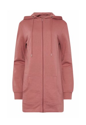 Pitkä, pölyinen vaaleanpunainen vetoketjullinen huppari, jossa on etutaskut, kiristysnauhalla varustettu huppu ja resorit hihansuissa.