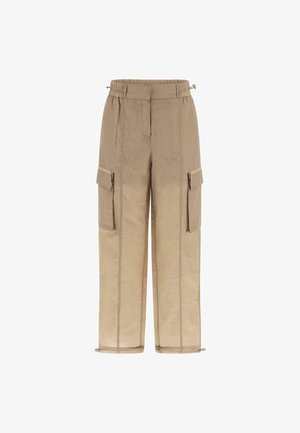 Beige Cargo-Hosen aus strukturiertem Stoff. Elastischer Bund mit Kordelzug, seitlichen Taschen und kontrastierenden Nahtdetails.