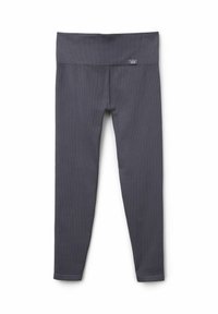 Graue Leggings mit einem breiten, dehnbaren Bund. Hergestellt aus strukturiertem Material, mit einem dezenten Logo-Tag und einem taillierten, knöchellangen Design.