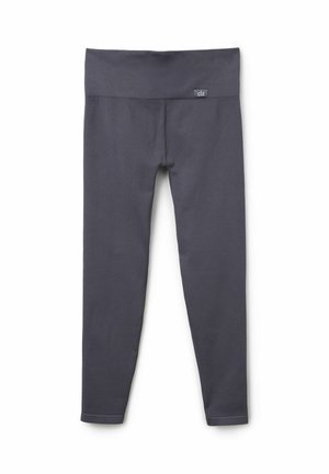 Graue Leggings mit einem breiten, dehnbaren Bund. Hergestellt aus strukturiertem Material, mit einem dezenten Logo-Tag und einem taillierten, knöchellangen Design.
