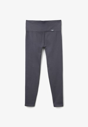 Leggings grigi con una vita ampia e elastica. Realizzati in tessuto testurizzato, presentano un'etichetta logo discreta e un design aderente fino alla caviglia.