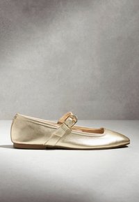 Zlatá balerína Mary Jane s špičatou špičkou a nastavitelným bočním páskem na neutrálním pozadí.