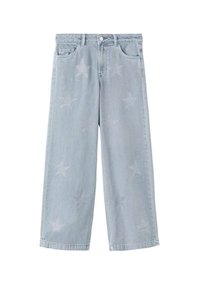 Svetlomodré džínsové nohavice širokého strihu z denimu s rozptýlenými vzormi strieborných trblietavých hviezdičiek po celej látke. Klasický dizajn s piatimi vreckami.