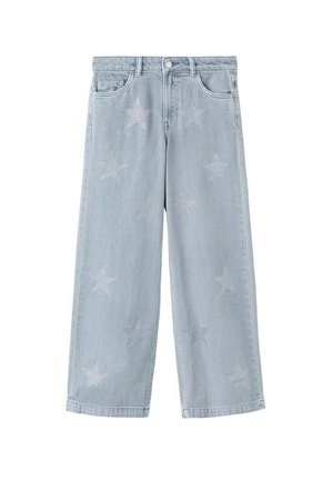 Lyseblå vidbenede jeans lavet af denim med sølvglitrende stjernemønstre spredt over stoffet. Klassisk fem-lomme design.