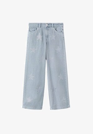 Blugi evazați de culoare albastru deschis, realizați din denim, cu modele de stele sclipitoare argintii împrăștiate pe material. Design clasic cu cinci buzunare.