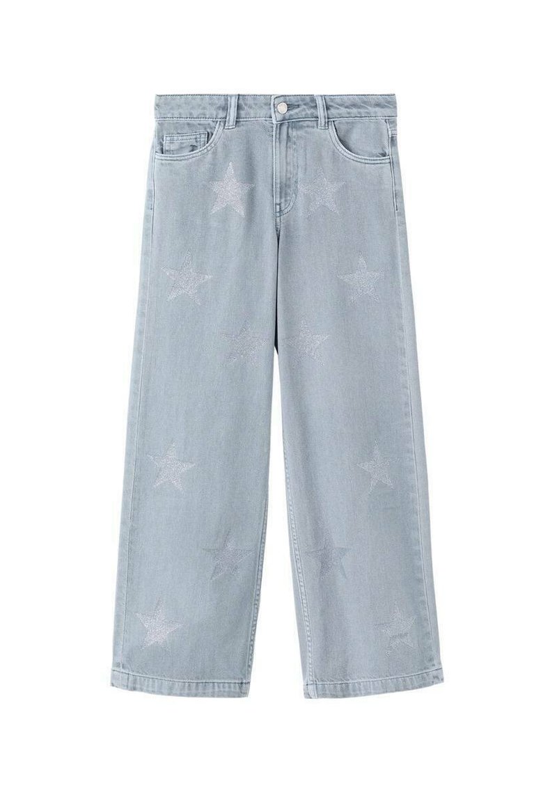 Svetlomodré džínsové nohavice širokého strihu z denimu s rozptýlenými vzormi strieborných trblietavých hviezdičiek po celej látke. Klasický dizajn s piatimi vreckami.