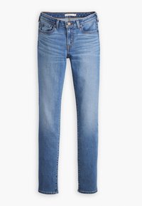 Jeans en denim bleu avec une coupe droite, présentant un design classique à cinq poches et une fermeture à bouton visible à la taille.