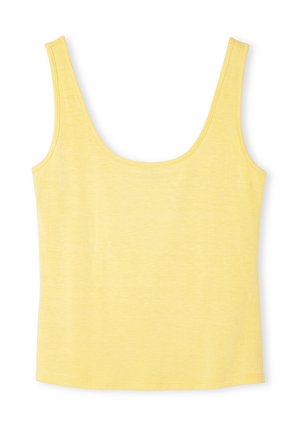 Geel mouwloos tanktop gemaakt van lichtgewicht stof. Heeft een ronde halslijn en een eenvoudig ontwerp zonder patronen of versieringen.