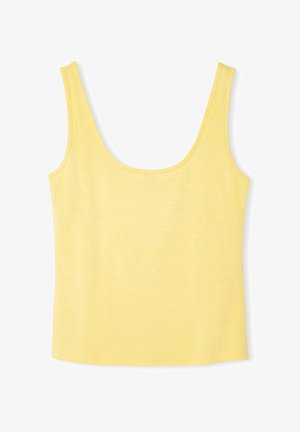 Geel mouwloos tanktop gemaakt van lichtgewicht stof. Heeft een ronde halslijn en een eenvoudig ontwerp zonder patronen of versieringen.
