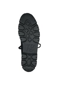 Suola di scarpa in gomma nera con un modello di battistrada robusto, caratterizzato da forme incrociate rialzate, logo centrale "pg" e design testurizzato per migliorare la presa.