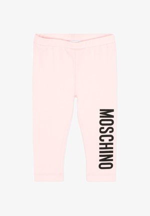Leggings rosa chiaro per bambini piccoli con vita elastica e scritta verticale nera "MOSCHINO" su una gamba.