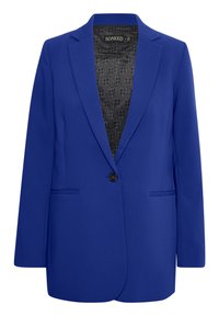 Modrý blazer se jedním černým knoflíkem, dvěma předními kapsami a vzorovanou černou podšívkou. Vyrobeno z hladkého materiálu, s klasickým střihem.