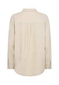 Beige Langarmshirt aus leichtem Stoff, mit Kragen, Rückenschlitz und Knopfmanschette. Glatte Textur und lässiges Design.