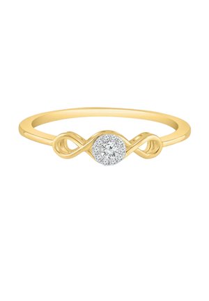 Zarter Goldring mit einem zentralen runden Cluster aus kleinen Diamanten und einem eleganten, verdrehten Banddesign auf jeder Seite.