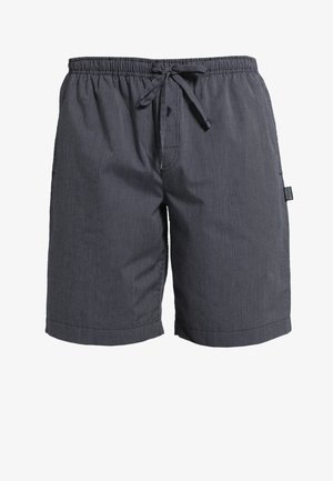 Shorts de bain pour hommes, marine avec des rayures verticales blanches, taille élastique avec cordon de serrage, poche latérale unique, tissu léger.