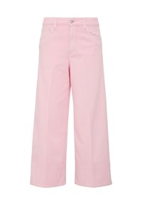 Jean large rose clair avec taille haute, poches avant et fermeture à bouton. Fabriqué en denim avec une texture lisse.