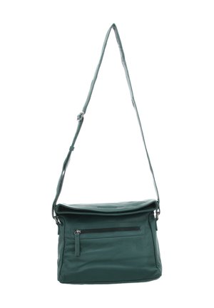 Dark green leather shoulder bag with adjustable strap and front zippered pocket, flap closure, isolated on white background.