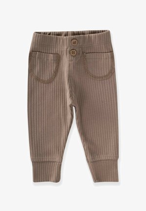 Pantalons marron à côtes avec une taille élastique, deux boutons à l'avant et des poches latérales factices avec des coutures texturées. Jambes ajustées aux chevilles.