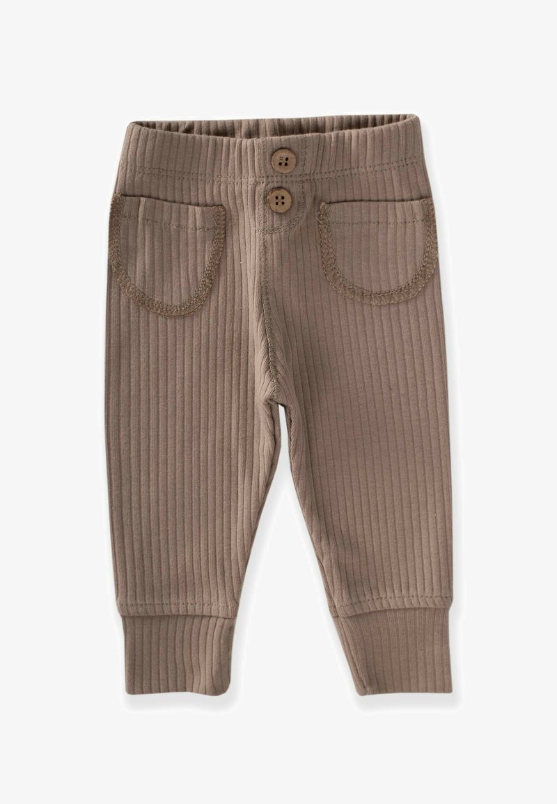 Rjav ribast hlače s raztegljivim pasom, dvema gumboma spredaj in lažnimi stranskimi žepi z teksturirano šivom. Prilegajoči se manšeti na gležnjih.