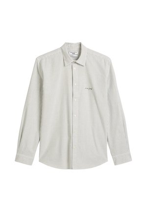 Langärmliges Hemd zum Knöpfen mit schmalen, vertikalen grauen und weißen Streifen sowie kleinem, gesticktem Logo auf der linken Brust.