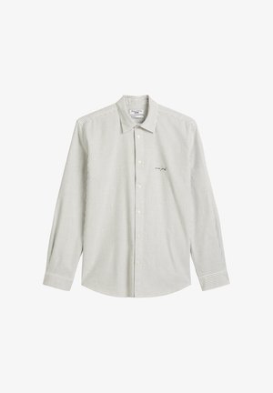 Langärmliges Hemd zum Knöpfen mit schmalen, vertikalen grauen und weißen Streifen sowie kleinem, gesticktem Logo auf der linken Brust.