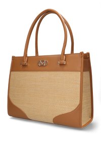 Tann läder tote-väska med en vävd beige panel, silverfärgade detaljer och en logotyp accent på framsidan. Har stadiga handtag.