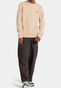Sweat-shirt beige à encolure ronde avec petit logo sur la poitrine, associé à un pantalon cargo foncé avec poches latérales et coupe décontractée.