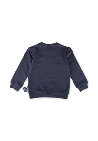 Felpa blu navy realizzata in morbido cotone con collettore rotondo, polsini a coste e un'etichetta decorativa a forma di elefante.