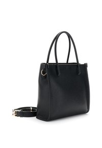 Borsa in pelle nera con finitura testurizzata, forma strutturata, doppio manico superiore, tracolla removibile e sottili dettagli in metallo.