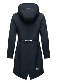 Navy blue coat with a hood, featuring a zipper closure and side pockets. Textured fabric, slim fit, and a logo detail near the hem.