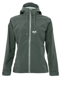 Veste imperméable vert foncé avec un col haut, capuche réglable, fermeture éclair et logo blanc. Caractéristiques d'une texture lisse et élégante et d'un design ajusté.