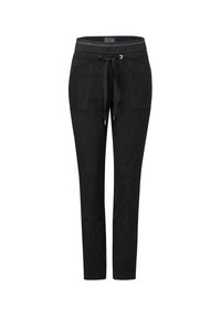 Pantalones de chándal negros con cintura ajustable, dos bolsillos frontales y un corte ajustado, fabricados con un tejido suave y flexible.