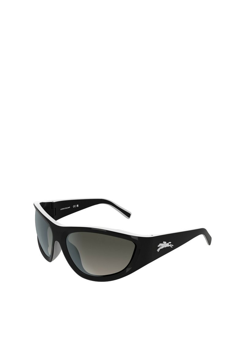 Okulary przeciwsłoneczne z czarną oprawką, gradientowymi ciemnoszarymi soczewkami oraz białym akcentem wzdłuż górnej krawędzi. Posiadają logo na zauszniku.