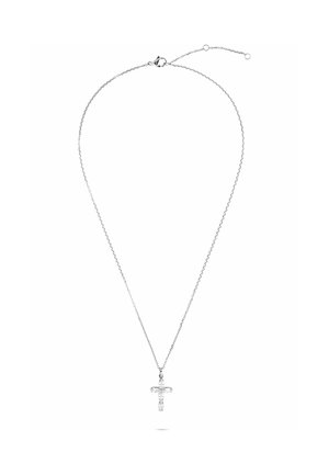 Delicate silver chain necklace with a flower-shaped cross pendant adorned with clear gemstones, featuring a lobster clasp and adjustable length.