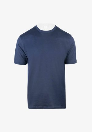 Camiseta de manga corta en azul marino, hecha de algodón suave, con un cuello redondo y una textura lisa sin patrones ni acentos.