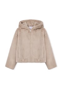 Giacca beige in pelliccia sintetica con cappuccio, zip frontale e maniche lunghe, mostrata stesa su sfondo bianco.