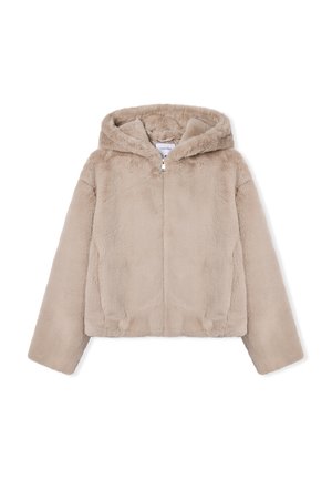 Giacca beige in pelliccia sintetica con cappuccio, zip frontale e maniche lunghe, mostrata stesa su sfondo bianco.
