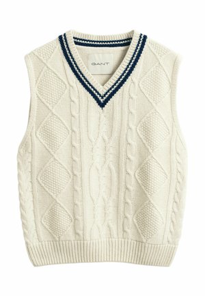 Cream cable knit sleeveless sweater vest with diamond pattern and navy and white striped V-neck collar, labeled GANT.