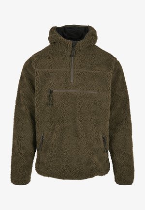 Oliwkowy polar z wysokim kołnierzem, zamek błyskawiczny do połowy długości oraz dwoma bocznymi kieszeniami na zamek; wykonany z miękkiego, teksturowanego materiału.