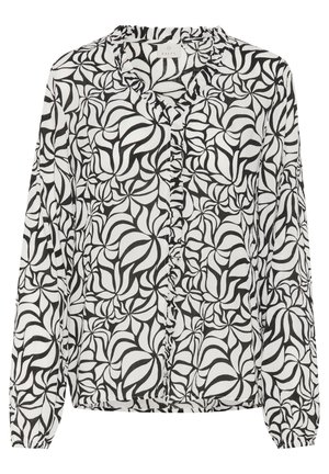 Zwart-witte blouse met een draaiend bloemenpatroon, lange mouwen, ruches bij de halslijn, knoopsluiting aan de voorkant en gathered manchetten. Lichtgewicht stof.