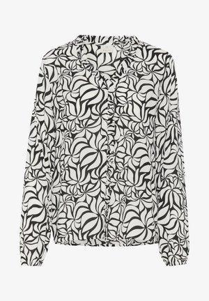 Blouse noir et blanc avec un motif floral tourbillonnant, manches longues, encolure volantée, devant à boutons et poignets froncés. Tissu léger.