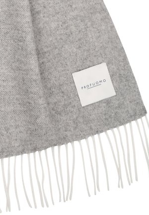 Gray wool scarf featuring a textured pattern, white fringes at the bottom, and a branded white label displaying "PROFUOMO."