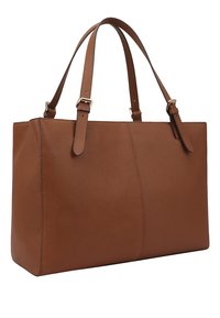 Bruine leren tote bag met textuurafwerking, rechthoekige vorm, dubbele platte handvatten en accenten van goudkleurig beslag.