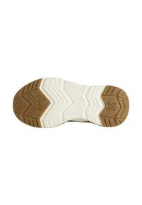 Suela de zapato de color claro con una superficie texturada, que presenta un tacón de goma marrón y patrones de banda de rodadura geométricos. Incluye el nombre de la marca "MUNICH."