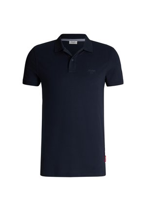Donkerblauwe polo shirt van katoen. Het heeft een twee-knopen knoopsluiting, korte mouwen en een klein logo op de borst.
