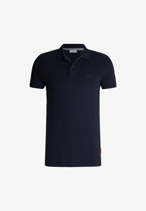 Donkerblauwe polo shirt van katoen. Het heeft een twee-knopen knoopsluiting, korte mouwen en een klein logo op de borst.